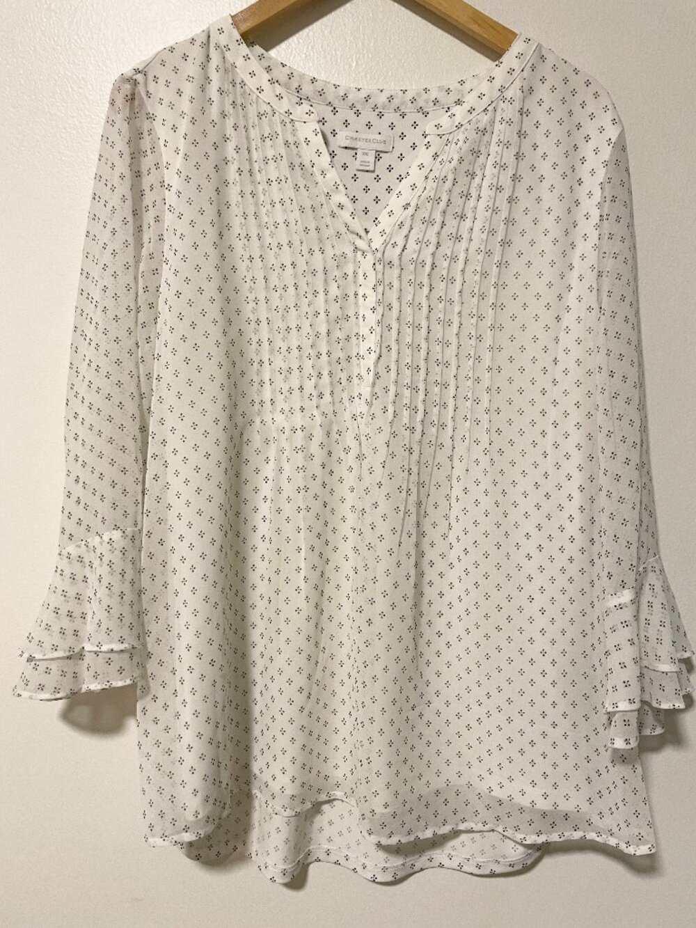 Charter Club V-Neck Pleated Pintuck Chiffon Blouse Size XXL Sheer Tiered Sleeve